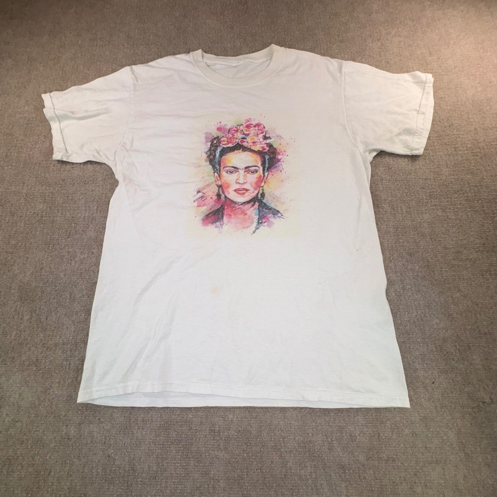 Frida Kahlo Graphic T-Shirt White Watercolor Portrait Art Tee Short Sleeve Large